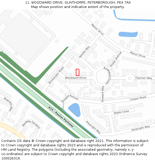 11, WOODWARD DRIVE, GUNTHORPE, PETERBOROUGH, PE4 7AX: Location map and indicative extent of plot