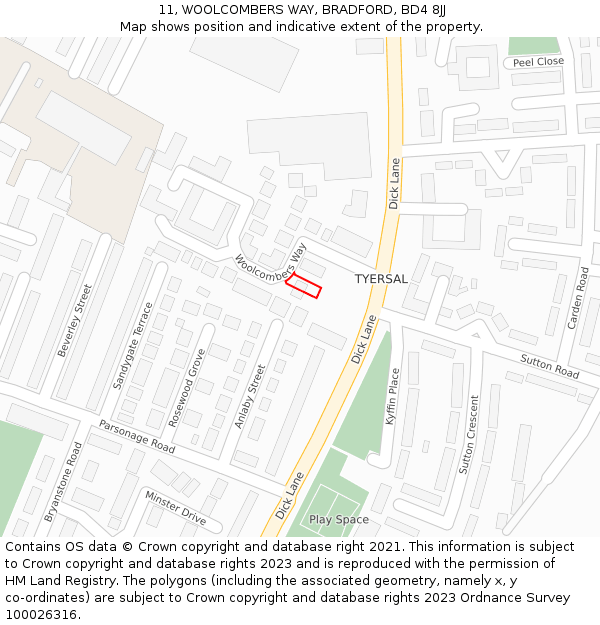 11, WOOLCOMBERS WAY, BRADFORD, BD4 8JJ: Location map and indicative extent of plot