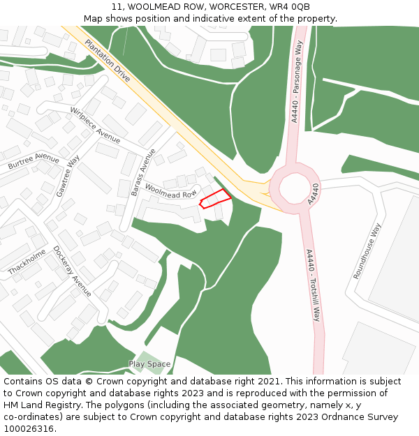 11, WOOLMEAD ROW, WORCESTER, WR4 0QB: Location map and indicative extent of plot