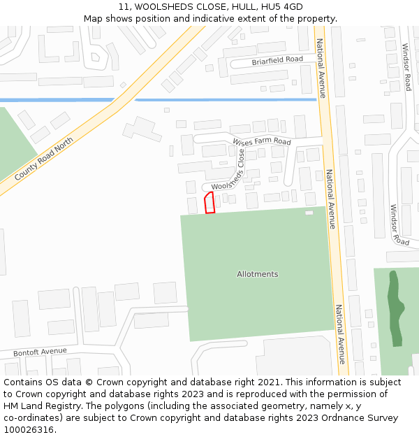11, WOOLSHEDS CLOSE, HULL, HU5 4GD: Location map and indicative extent of plot