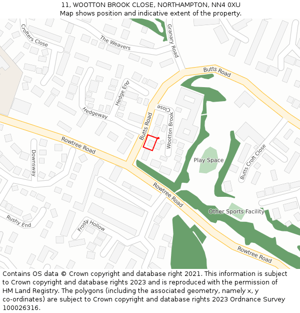 11, WOOTTON BROOK CLOSE, NORTHAMPTON, NN4 0XU: Location map and indicative extent of plot