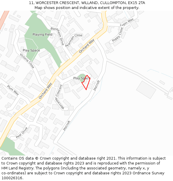 11, WORCESTER CRESCENT, WILLAND, CULLOMPTON, EX15 2TA: Location map and indicative extent of plot