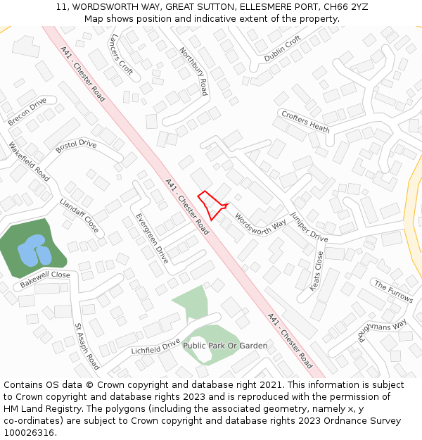 11, WORDSWORTH WAY, GREAT SUTTON, ELLESMERE PORT, CH66 2YZ: Location map and indicative extent of plot