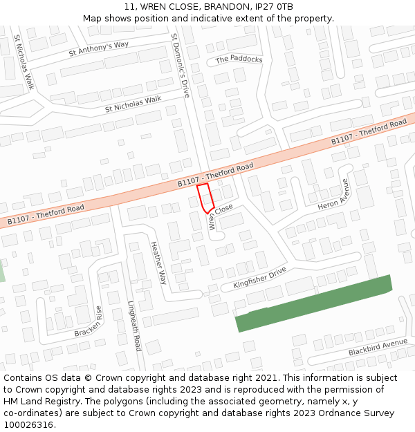11, WREN CLOSE, BRANDON, IP27 0TB: Location map and indicative extent of plot