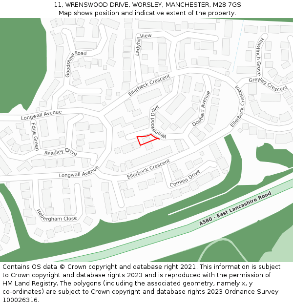 11, WRENSWOOD DRIVE, WORSLEY, MANCHESTER, M28 7GS: Location map and indicative extent of plot