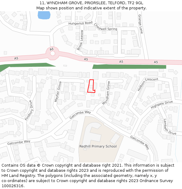 11, WYNDHAM GROVE, PRIORSLEE, TELFORD, TF2 9GL: Location map and indicative extent of plot