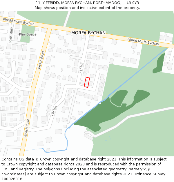 11, Y FFRIDD, MORFA BYCHAN, PORTHMADOG, LL49 9YR: Location map and indicative extent of plot