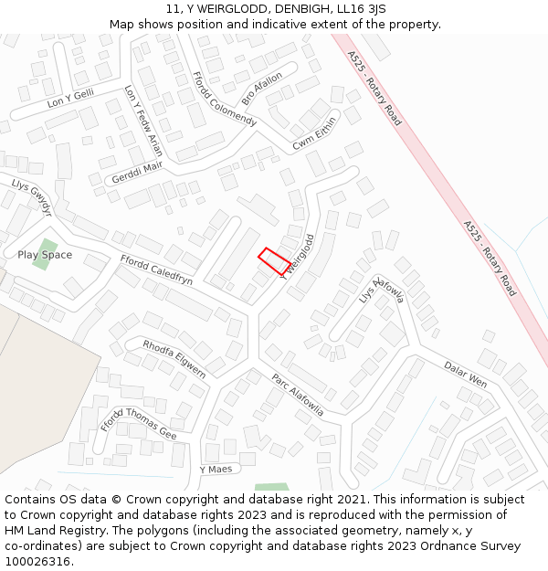 11, Y WEIRGLODD, DENBIGH, LL16 3JS: Location map and indicative extent of plot