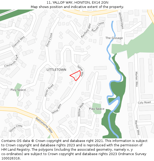 11, YALLOP WAY, HONITON, EX14 2GN: Location map and indicative extent of plot