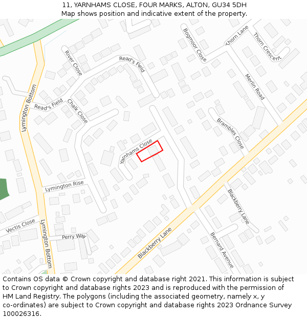 11, YARNHAMS CLOSE, FOUR MARKS, ALTON, GU34 5DH: Location map and indicative extent of plot
