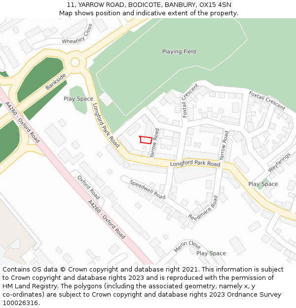 11, YARROW ROAD, BODICOTE, BANBURY, OX15 4SN: Location map and indicative extent of plot