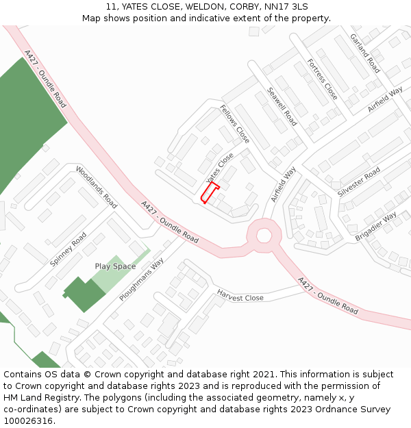 11, YATES CLOSE, WELDON, CORBY, NN17 3LS: Location map and indicative extent of plot