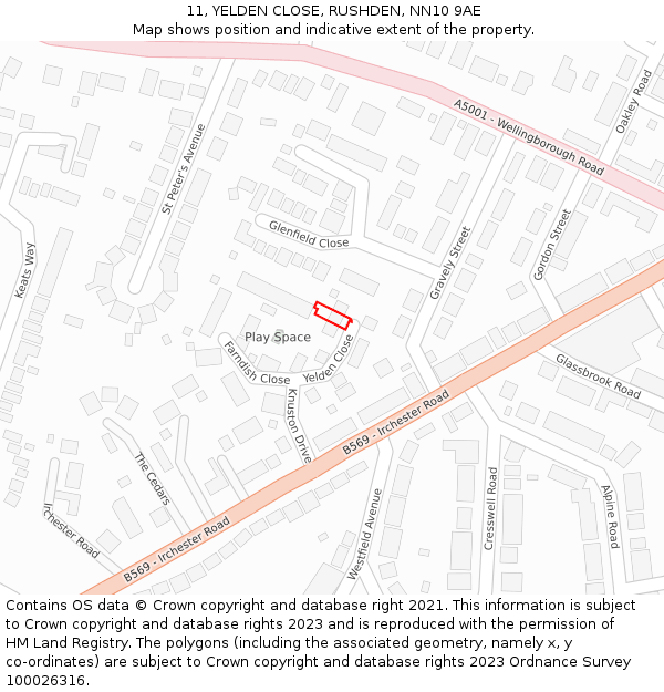 11, YELDEN CLOSE, RUSHDEN, NN10 9AE: Location map and indicative extent of plot