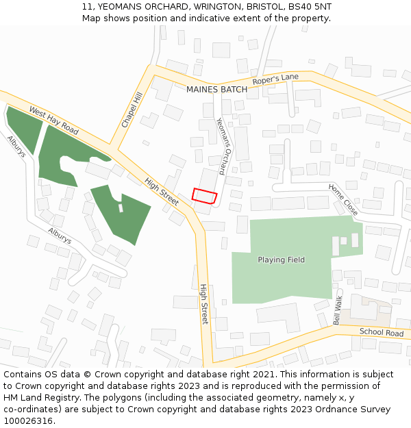 11, YEOMANS ORCHARD, WRINGTON, BRISTOL, BS40 5NT: Location map and indicative extent of plot