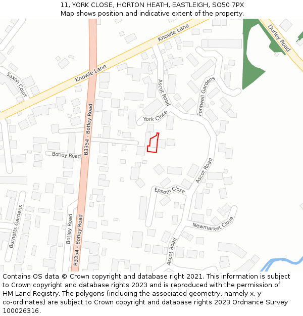 11, YORK CLOSE, HORTON HEATH, EASTLEIGH, SO50 7PX: Location map and indicative extent of plot