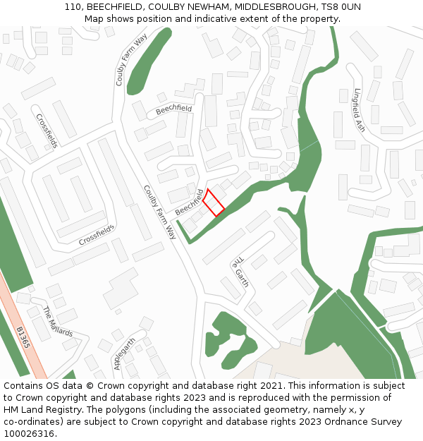 110, BEECHFIELD, COULBY NEWHAM, MIDDLESBROUGH, TS8 0UN: Location map and indicative extent of plot