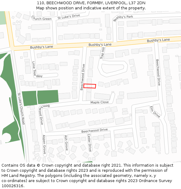 110, BEECHWOOD DRIVE, FORMBY, LIVERPOOL, L37 2DN: Location map and indicative extent of plot