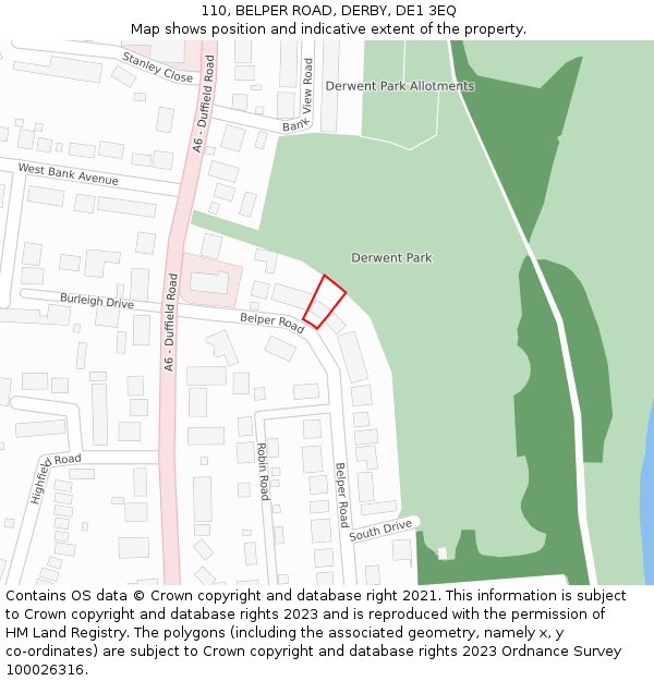 110, BELPER ROAD, DERBY, DE1 3EQ: Location map and indicative extent of plot