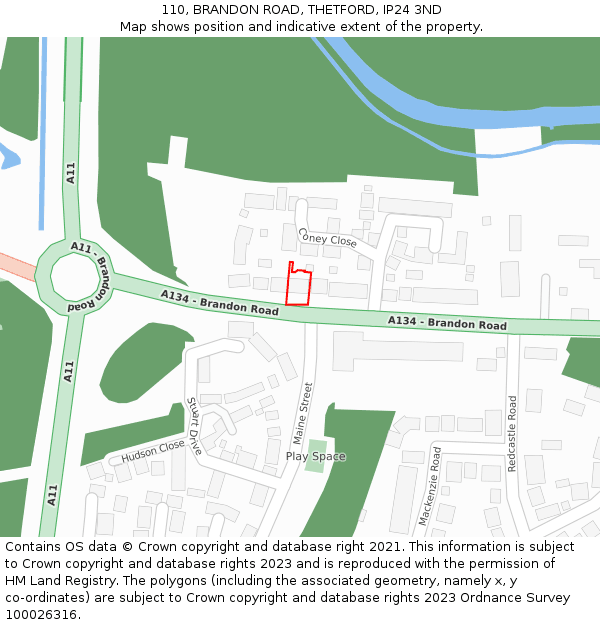 110, BRANDON ROAD, THETFORD, IP24 3ND: Location map and indicative extent of plot