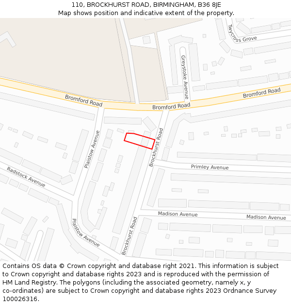 110, BROCKHURST ROAD, BIRMINGHAM, B36 8JE: Location map and indicative extent of plot