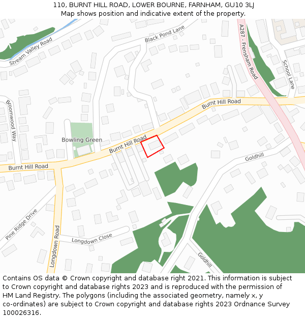 110, BURNT HILL ROAD, LOWER BOURNE, FARNHAM, GU10 3LJ: Location map and indicative extent of plot
