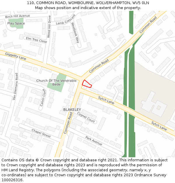 110, COMMON ROAD, WOMBOURNE, WOLVERHAMPTON, WV5 0LN: Location map and indicative extent of plot