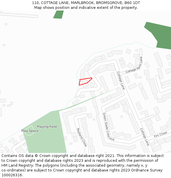 110, COTTAGE LANE, MARLBROOK, BROMSGROVE, B60 1DT: Location map and indicative extent of plot