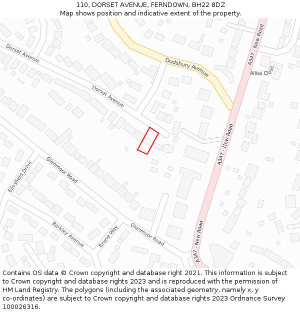 110, DORSET AVENUE, FERNDOWN, BH22 8DZ: Location map and indicative extent of plot