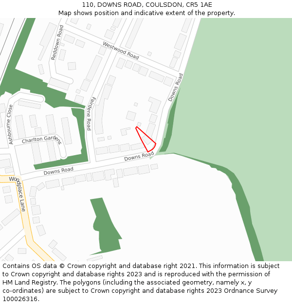 110, DOWNS ROAD, COULSDON, CR5 1AE: Location map and indicative extent of plot