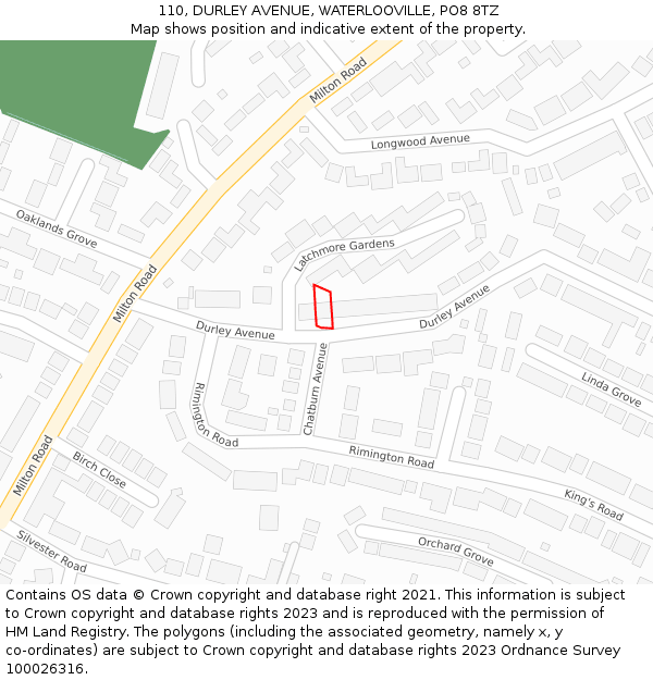 110, DURLEY AVENUE, WATERLOOVILLE, PO8 8TZ: Location map and indicative extent of plot