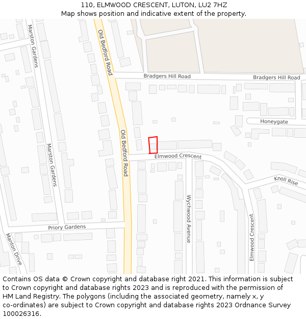 110, ELMWOOD CRESCENT, LUTON, LU2 7HZ: Location map and indicative extent of plot