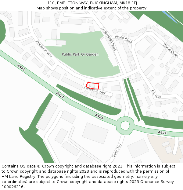 110, EMBLETON WAY, BUCKINGHAM, MK18 1FJ: Location map and indicative extent of plot