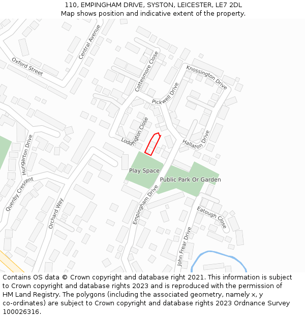 110, EMPINGHAM DRIVE, SYSTON, LEICESTER, LE7 2DL: Location map and indicative extent of plot