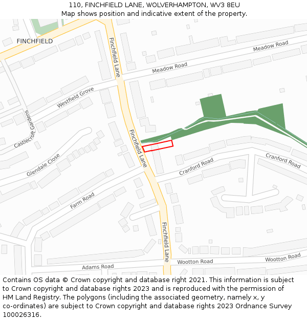 110, FINCHFIELD LANE, WOLVERHAMPTON, WV3 8EU: Location map and indicative extent of plot