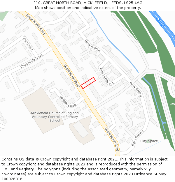 110, GREAT NORTH ROAD, MICKLEFIELD, LEEDS, LS25 4AG: Location map and indicative extent of plot