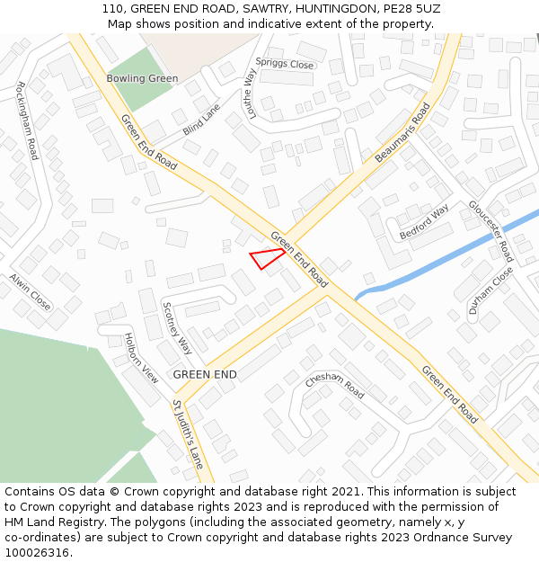 110, GREEN END ROAD, SAWTRY, HUNTINGDON, PE28 5UZ: Location map and indicative extent of plot