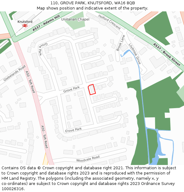 110, GROVE PARK, KNUTSFORD, WA16 8QB: Location map and indicative extent of plot
