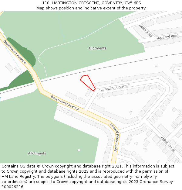 110, HARTINGTON CRESCENT, COVENTRY, CV5 6FS: Location map and indicative extent of plot