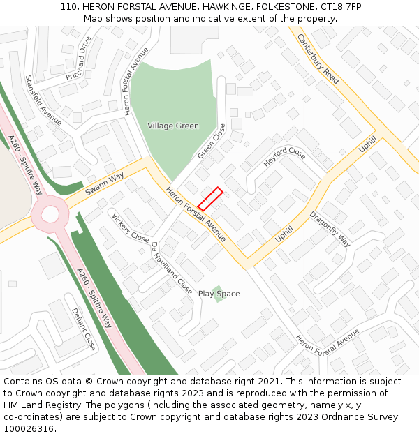 110, HERON FORSTAL AVENUE, HAWKINGE, FOLKESTONE, CT18 7FP: Location map and indicative extent of plot