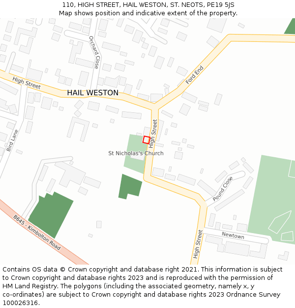 110, HIGH STREET, HAIL WESTON, ST. NEOTS, PE19 5JS: Location map and indicative extent of plot