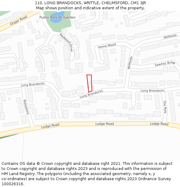 110, LONG BRANDOCKS, WRITTLE, CHELMSFORD, CM1 3JR: Location map and indicative extent of plot