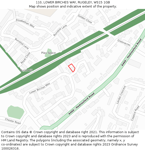 110, LOWER BIRCHES WAY, RUGELEY, WS15 1GB: Location map and indicative extent of plot