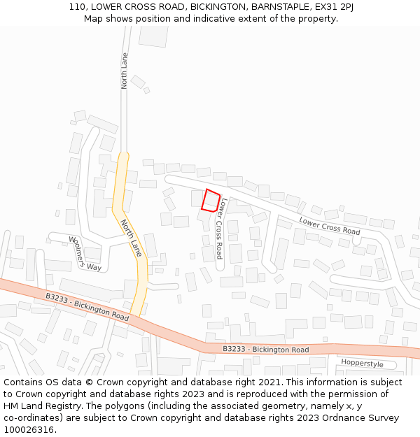 110, LOWER CROSS ROAD, BICKINGTON, BARNSTAPLE, EX31 2PJ: Location map and indicative extent of plot