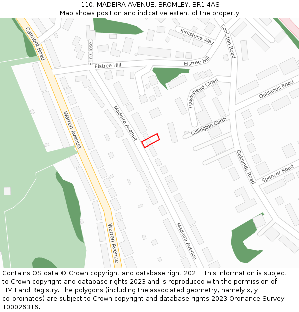 110, MADEIRA AVENUE, BROMLEY, BR1 4AS: Location map and indicative extent of plot