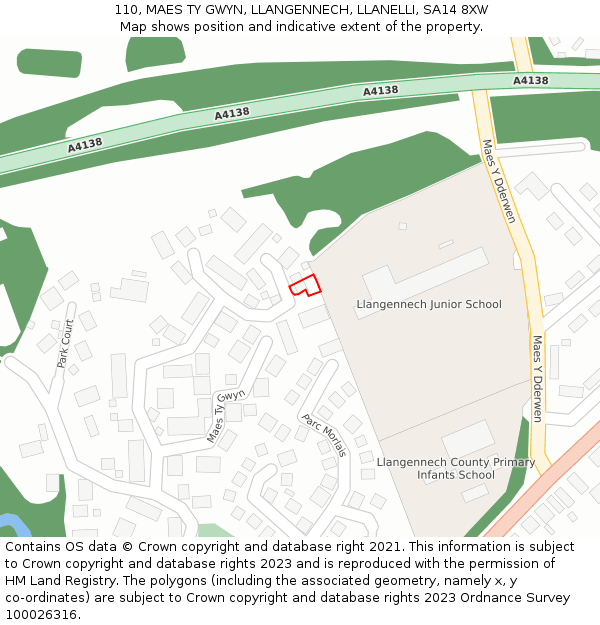 110, MAES TY GWYN, LLANGENNECH, LLANELLI, SA14 8XW: Location map and indicative extent of plot