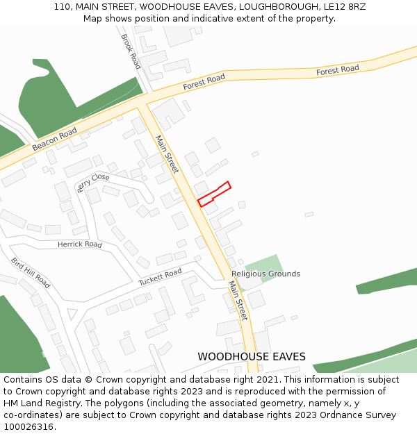 110, MAIN STREET, WOODHOUSE EAVES, LOUGHBOROUGH, LE12 8RZ: Location map and indicative extent of plot