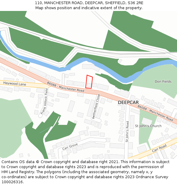 110, MANCHESTER ROAD, DEEPCAR, SHEFFIELD, S36 2RE: Location map and indicative extent of plot