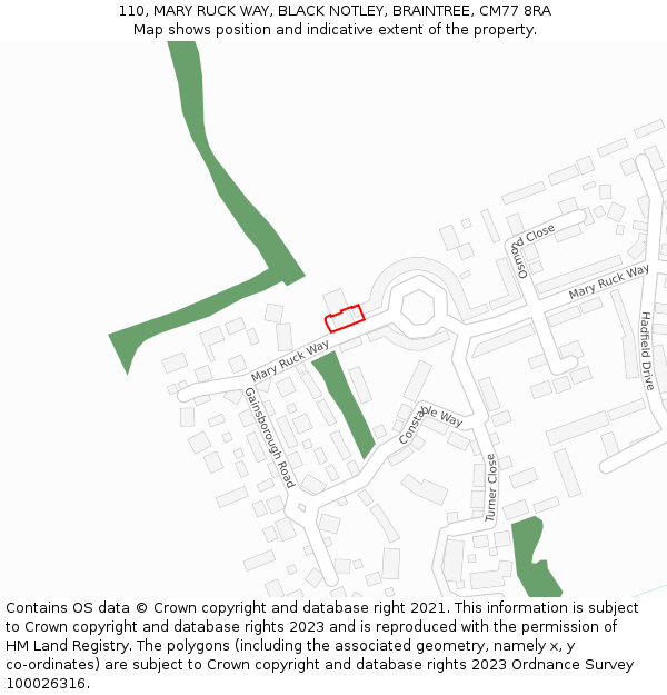 110, MARY RUCK WAY, BLACK NOTLEY, BRAINTREE, CM77 8RA: Location map and indicative extent of plot