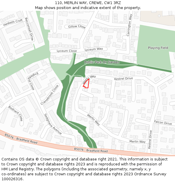 110, MERLIN WAY, CREWE, CW1 3RZ: Location map and indicative extent of plot