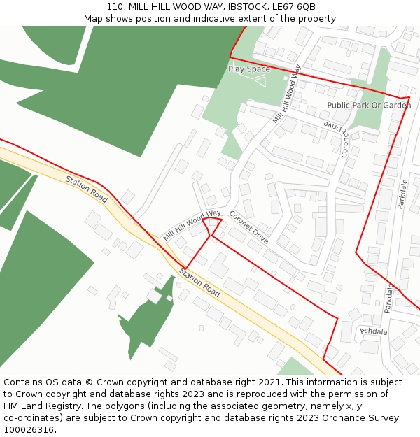 110, MILL HILL WOOD WAY, IBSTOCK, LE67 6QB: Location map and indicative extent of plot